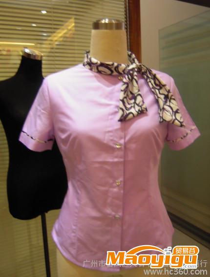 供应中亚制服女短袖七彩圈紫色衬衣