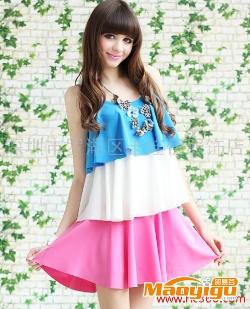 供应品牌: BLING3色夏装新款淑女蓝白玫瑰粉红三层吊带连衣裙