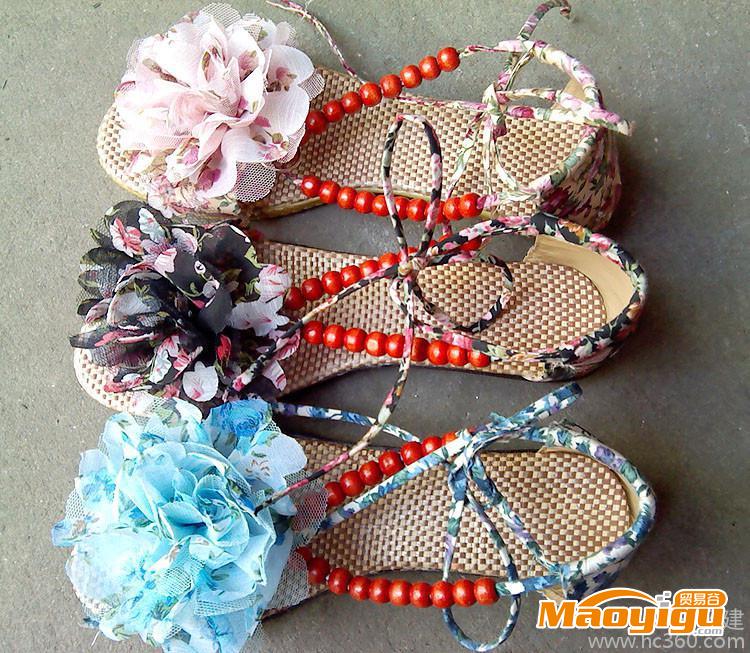 供应2013新款女鞋坡跟凉鞋批发 罗马夏季大花朵 串珠包跟绑带糖果色