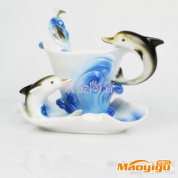 供应珐琅瓷杯瓷器咖啡杯茶具批发餐具盘杯子海豚珐琅杯套新年礼品