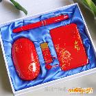 供应中国红中国红瓷商务四件套红仿瓷钢笔无线鼠标名片盒U盘商务